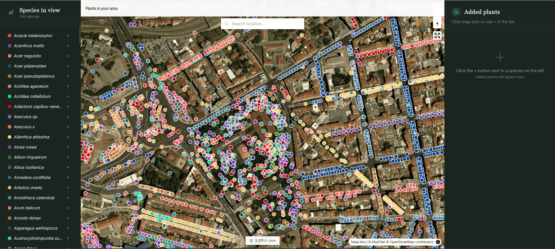 Plants in your area — map with species in view and occurrence dots on satellite imagery